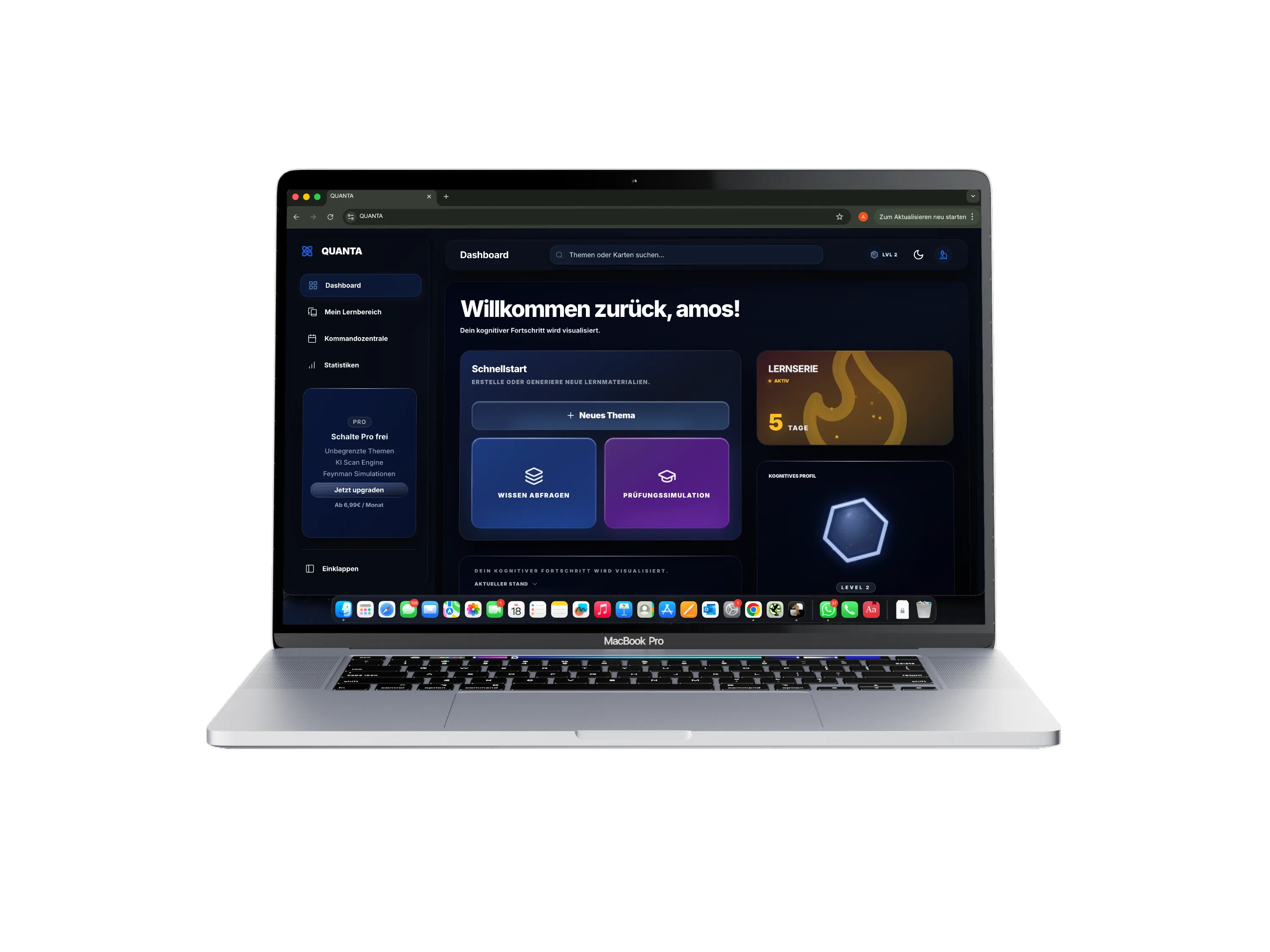 Quanta Dashboard mit Lernfortschritt, Streak-Kalender und täglicher Übersicht