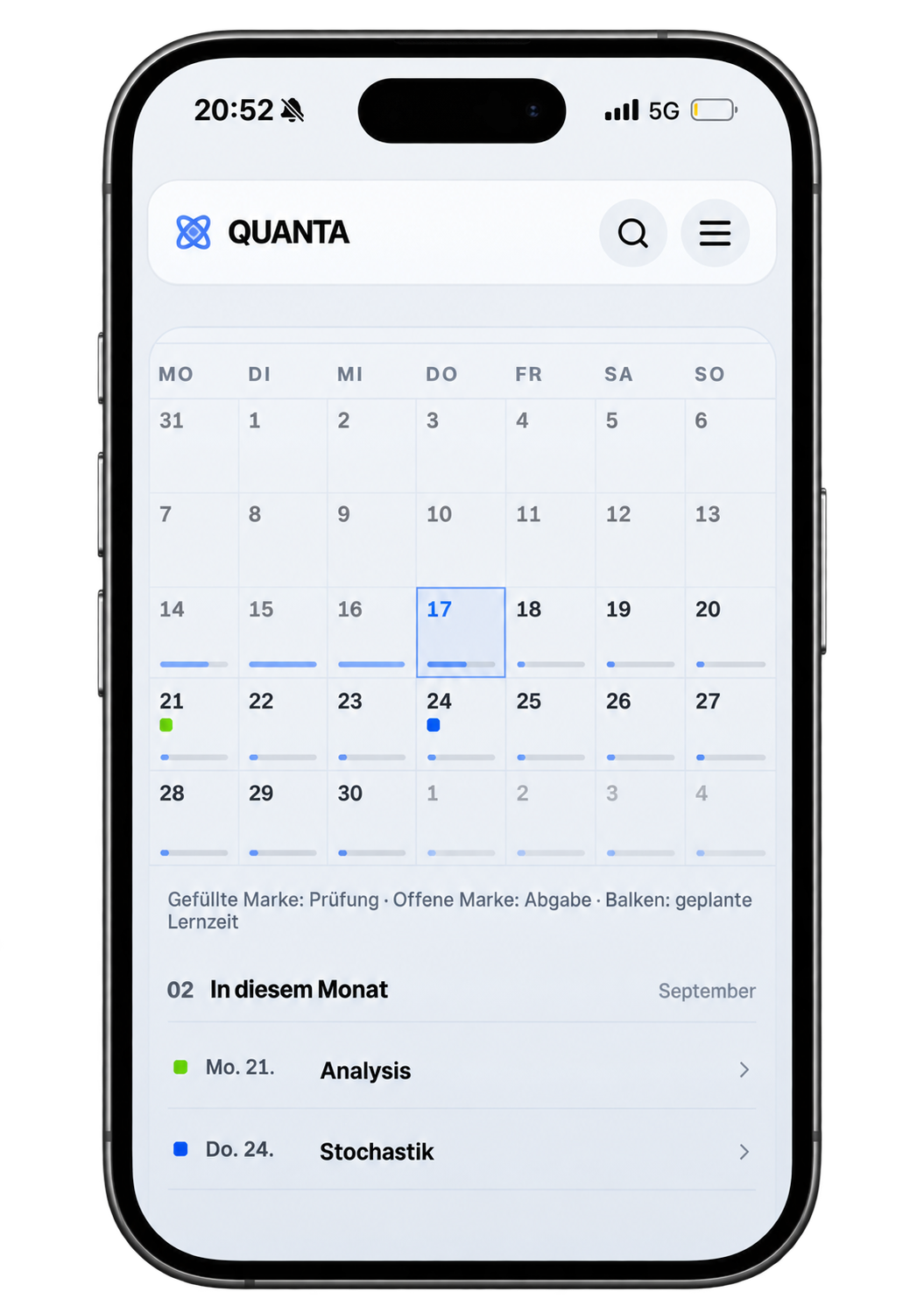 Quanta-Lernkalender auf einem Smartphone