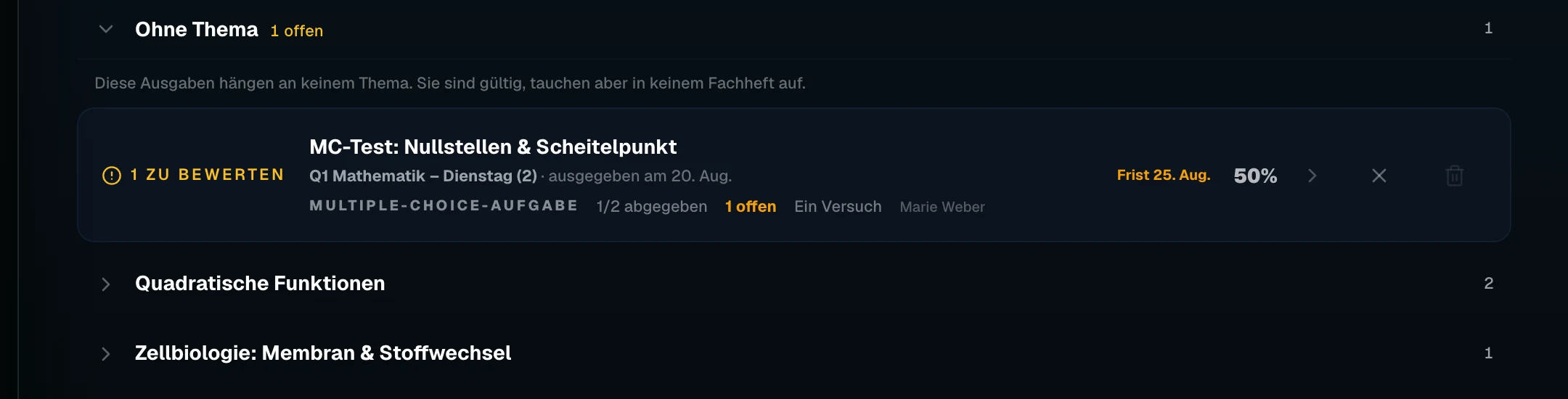 Aufgabenliste einer Einrichtung auf Quanta: die Gruppe „Ohne Thema" mit 1 offenen Ausgabe und dem Hinweis, dass diese Ausgaben an keinem Thema hängen. Darin eine Ausgabe-Karte, markiert mit „1 zu bewerten": der Multiple-Choice-Test „MC-Test: Nullstellen & Scheitelpunkt" für die Lerngruppe „Q1 Mathematik – Dienstag" mit 2 Mitgliedern, ausgegeben am 20. August, davon 1 von 2 abgegeben, 1 offen, ein Versuch, angelegt von Marie Weber; rechts daneben die Frist 25. August und 50 Prozent. Darunter zwei zugeklappte Gruppen: „Quadratische Funktionen" mit 2 und „Zellbiologie: Membran & Stoffwechsel" mit 1 Ausgabe.