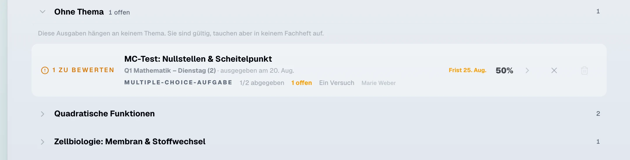 Aufgabenliste einer Einrichtung auf Quanta: die Gruppe „Ohne Thema" mit 1 offenen Ausgabe und dem Hinweis, dass diese Ausgaben an keinem Thema hängen. Darin eine Ausgabe-Karte, markiert mit „1 zu bewerten": der Multiple-Choice-Test „MC-Test: Nullstellen & Scheitelpunkt" für die Lerngruppe „Q1 Mathematik – Dienstag" mit 2 Mitgliedern, ausgegeben am 20. August, davon 1 von 2 abgegeben, 1 offen, ein Versuch, angelegt von Marie Weber; rechts daneben die Frist 25. August und 50 Prozent. Darunter zwei zugeklappte Gruppen: „Quadratische Funktionen" mit 2 und „Zellbiologie: Membran & Stoffwechsel" mit 1 Ausgabe.